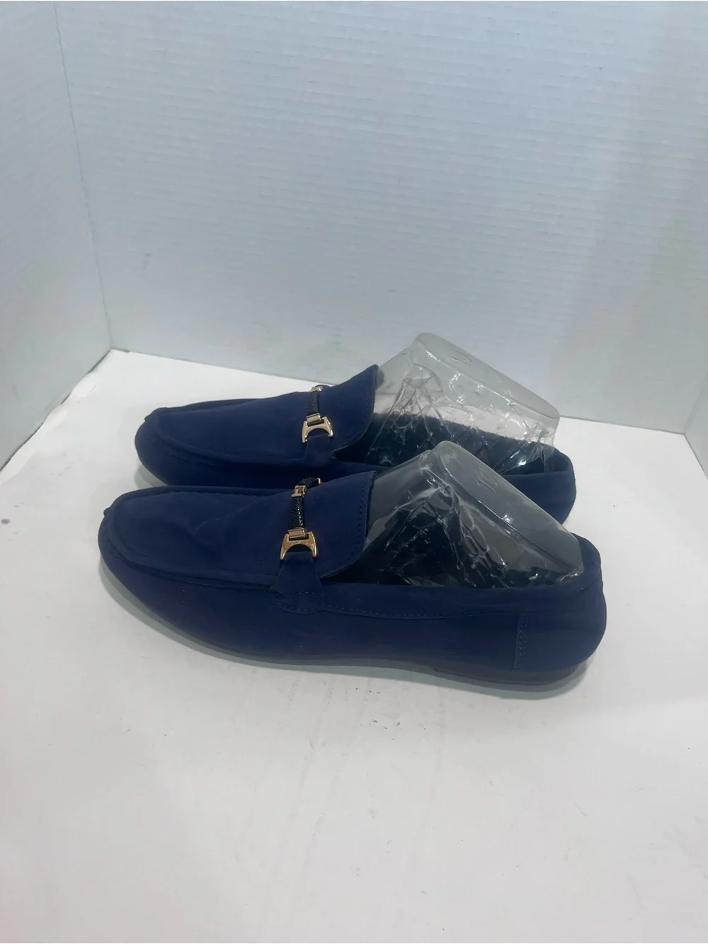 Unlisted Navy Suede Slip-On Loafers with Gold Bit